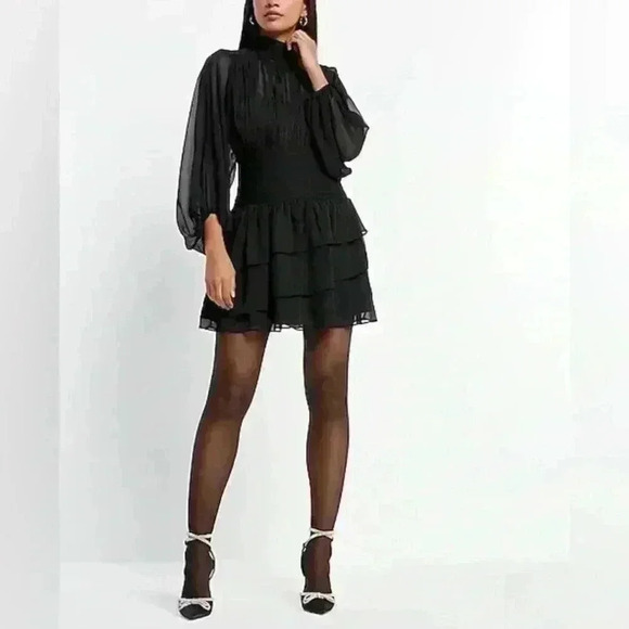NWT  Express Mock Neck Long Sleeve Pleated Waist Tiered‎ Ruffle Mini Size 0 - Picture 6 of 9